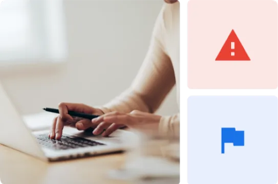 Collage of images shows a woman’s hands on a laptop, a violation notification icon and an appeal button.